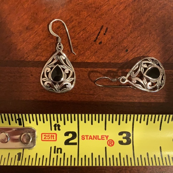 Filigree Teardrop Sterling Silver Onyx Earrings - Picture 5 of 6